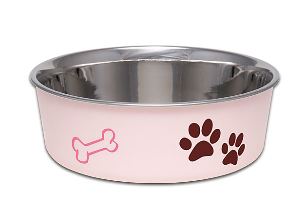 Stainless Steel Pet Bowl Small. Dog bowl with paws. Pink dog bowl